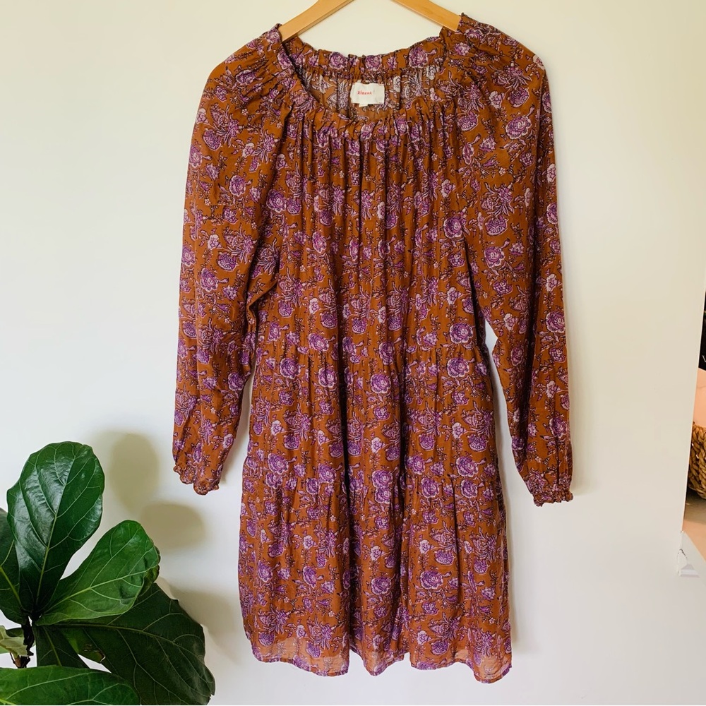 XiRENA Rust Brown and Lavender Floral Long Sleeve Dress